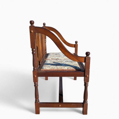 Vintage Spindle Back Wood Settee – Floral Upholstered Bench with Curved Arms, Entryway or Hall Seating