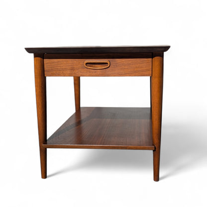 Pair of 1960s Lane Walnut Nightstands with Drawers and Lower Shelves