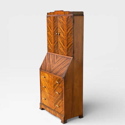 Art Deco Secretary Desk with Drop-Front Writing Surface and Chevron Veneer, 1930s