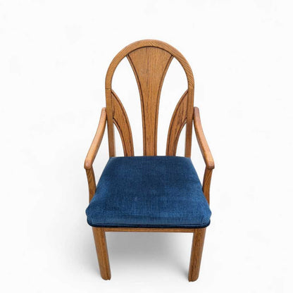 Set of 6 Postmodern Dining Chairs – Oak Frame, Blue Velvet Polka Dot Seats, 1980s
