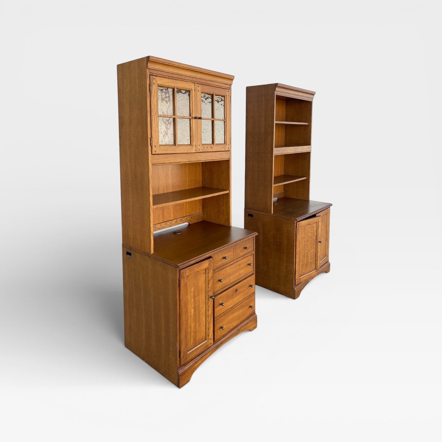 Cottage-Style Oak Hutch Cabinets, Pair