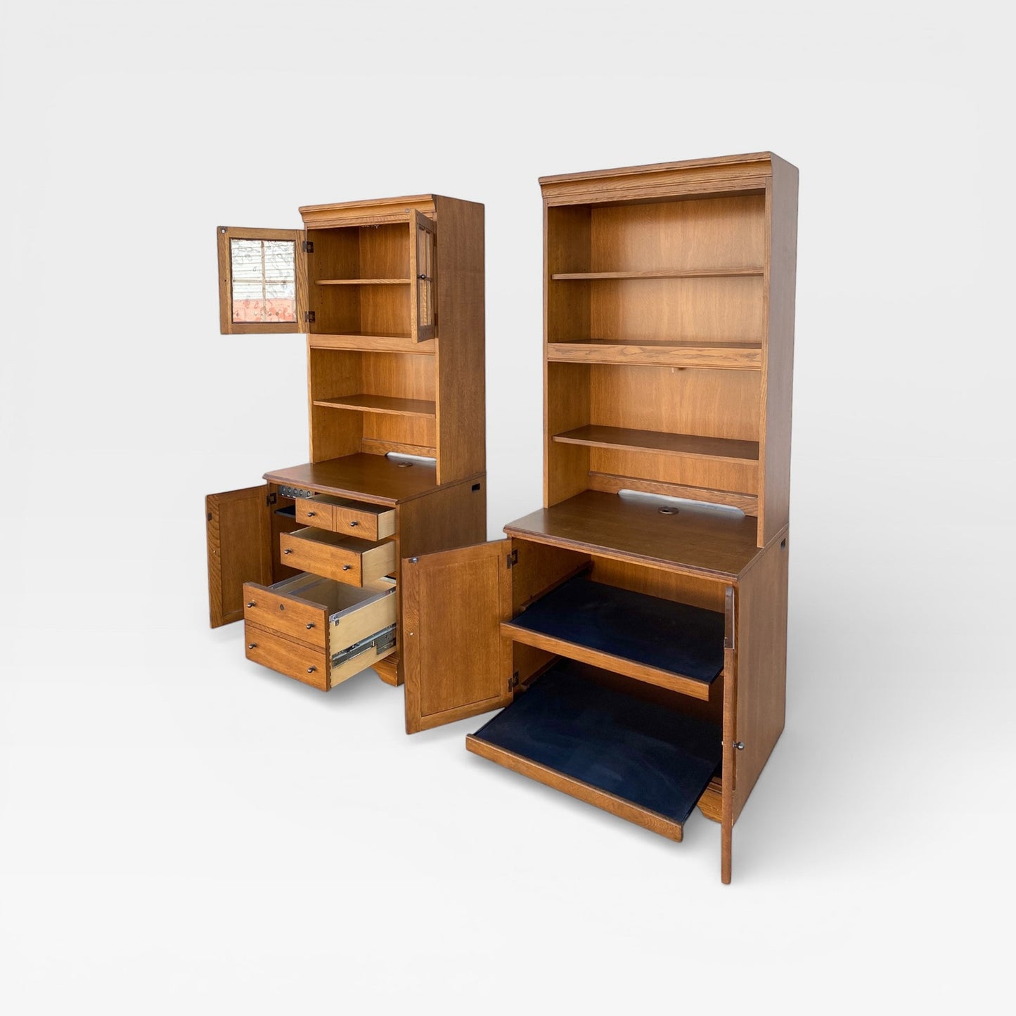 Cottage-Style Oak Hutch Cabinets, Pair