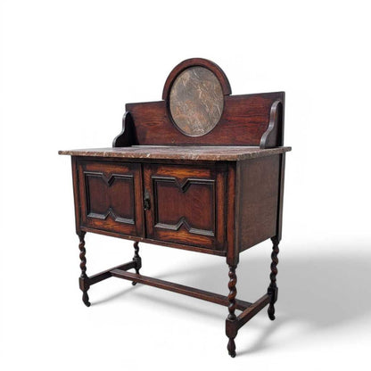 Antique Marble-Top Washstand – Oak with Barley Twist Legs and Round Marble Back, Early 1900s English
