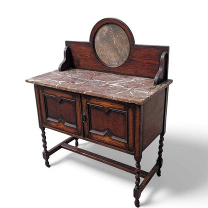 Antique Marble-Top Washstand – Oak with Barley Twist Legs and Round Marble Back, Early 1900s English