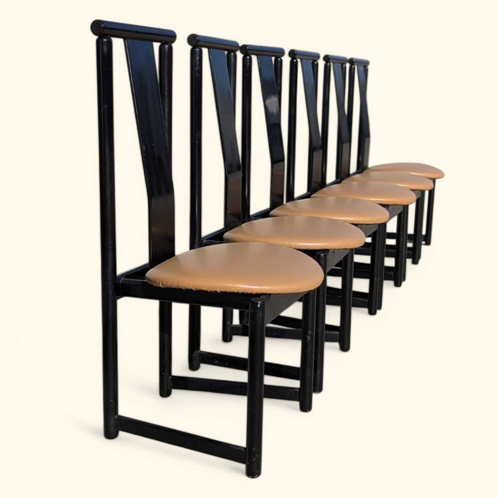 Set of Six BiF Postmodern Black Lacquer Dining Chairs, 1980s