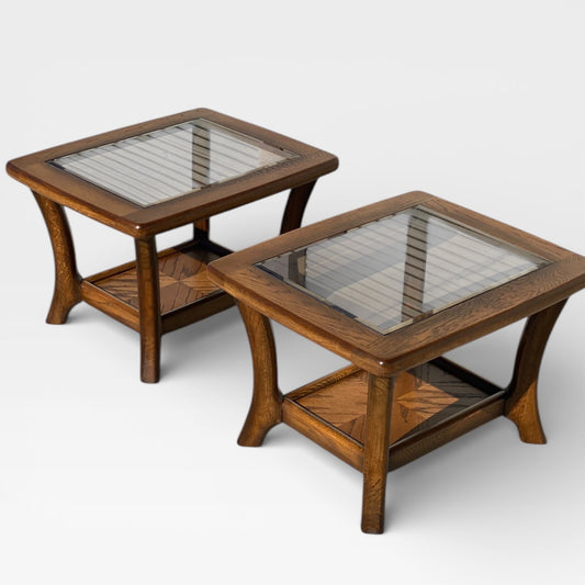 Oak Side Tables with Smoked Glass Tops, c. 1970s–80s