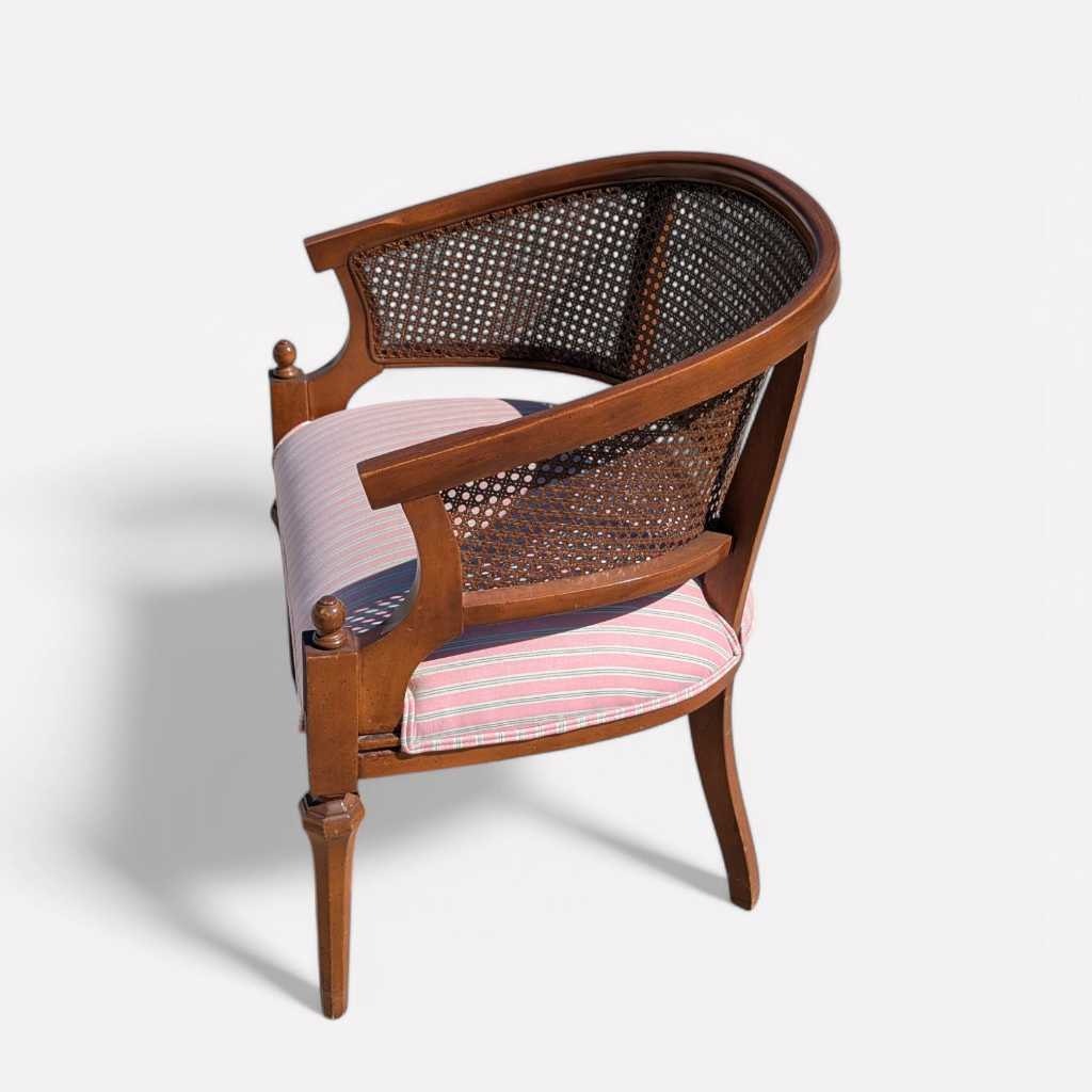 1970s Regency-Style Wood and Cane Barrel-Back Armchair