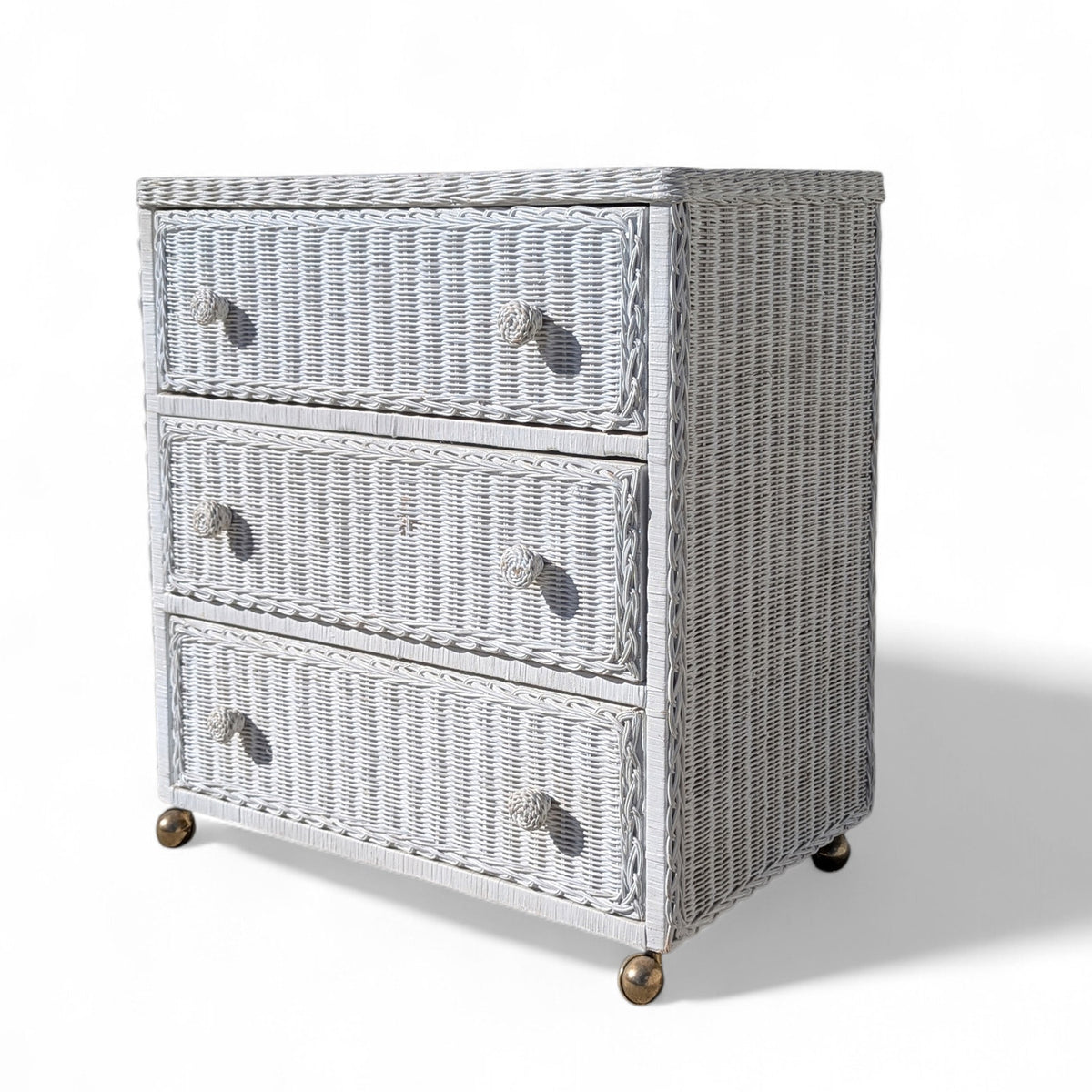 Vintage White Woven Wicker Three-Drawer Chest on Casters — view 6 of 16