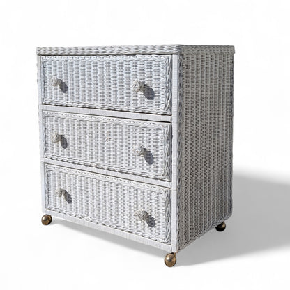 Vintage White Woven Wicker Three-Drawer Chest on Casters