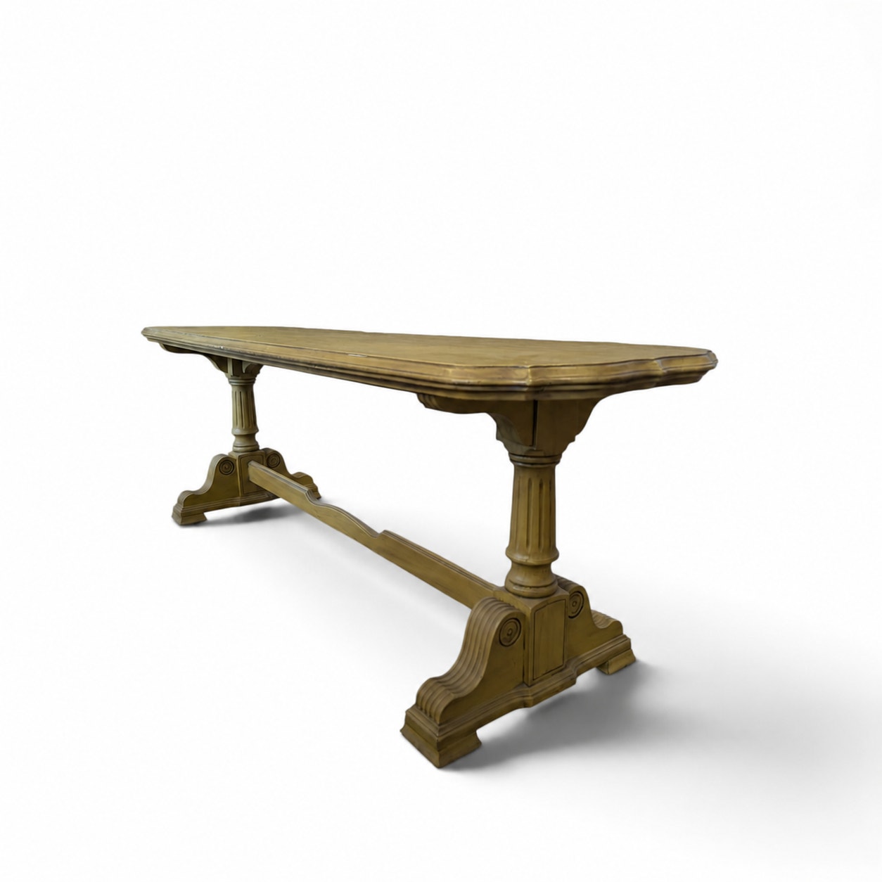 Vintage Butter Yellow Painted Trestle Sofa Table with Scalloped Top