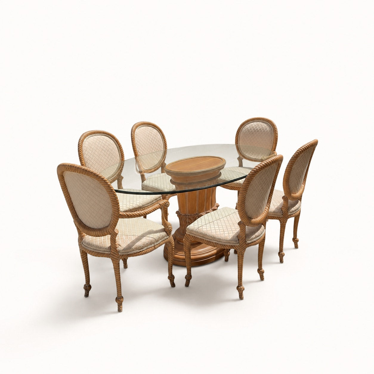 Vintage Carved Wood Oval Glass Dining Set with Six Upholstered Chairs