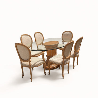 Vintage Carved Wood Oval Glass Dining Set with Six Upholstered Chairs