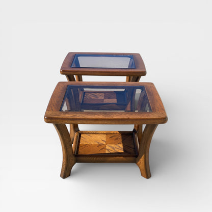 Oak Side Tables with Smoked Glass Tops, c. 1970s–80s