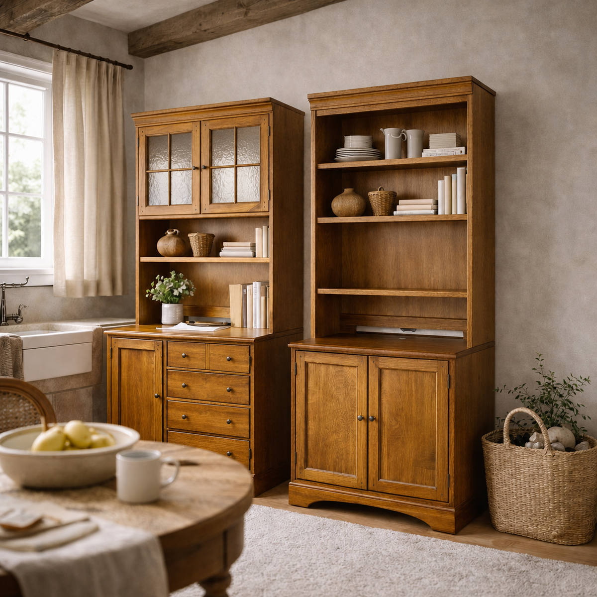 Cottage-Style Oak Hutch Cabinets, Pair