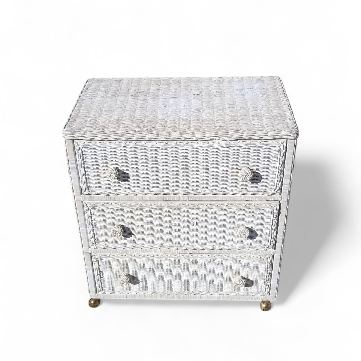Vintage White Woven Wicker Three-Drawer Chest on Casters