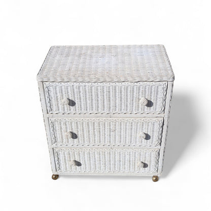 Vintage White Woven Wicker Three-Drawer Chest on Casters