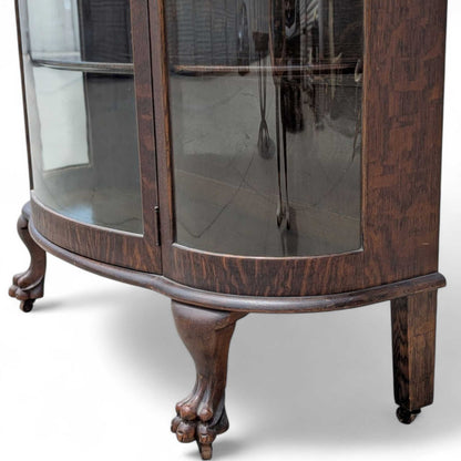 Vintage Curved Glass China Cabinet – Bow Front Display Hutch w/ Claw Feet, 49" Wide, Early 20th Century Style