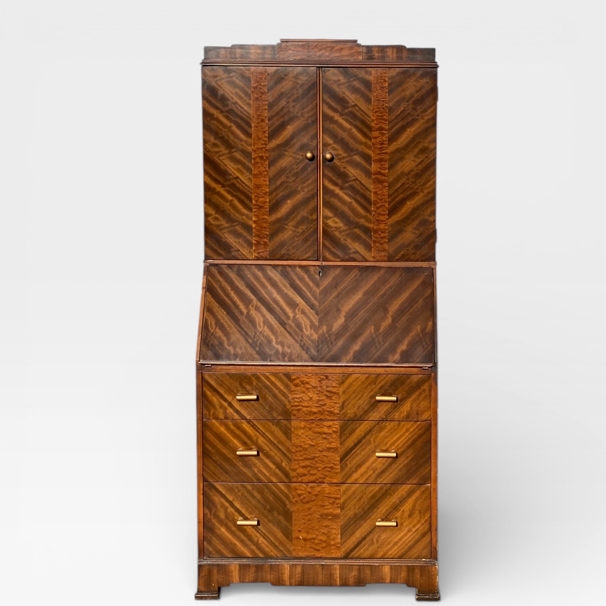 Art Deco Secretary Desk with Drop-Front Writing Surface and Chevron Veneer, 1930s — view 21 of 22