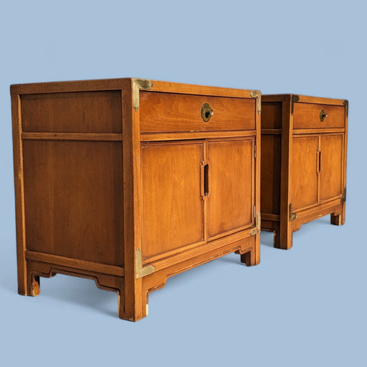Nightstands by Drexel, Compass Collection, Mid Century, 1950s, MCM, Walnut, Brass, Chinoserie