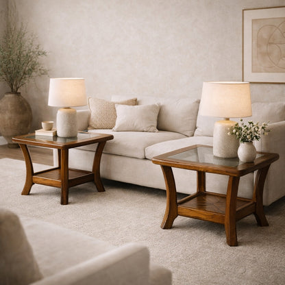 Oak Side Tables with Smoked Glass Tops, c. 1970s–80s