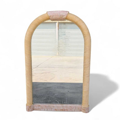 Vintage Arch Mirror, Karl Springer Style – Postmodern Tessellated Stone & Rope Detail, 48" Tall, 1980s Vintage Glam Statement