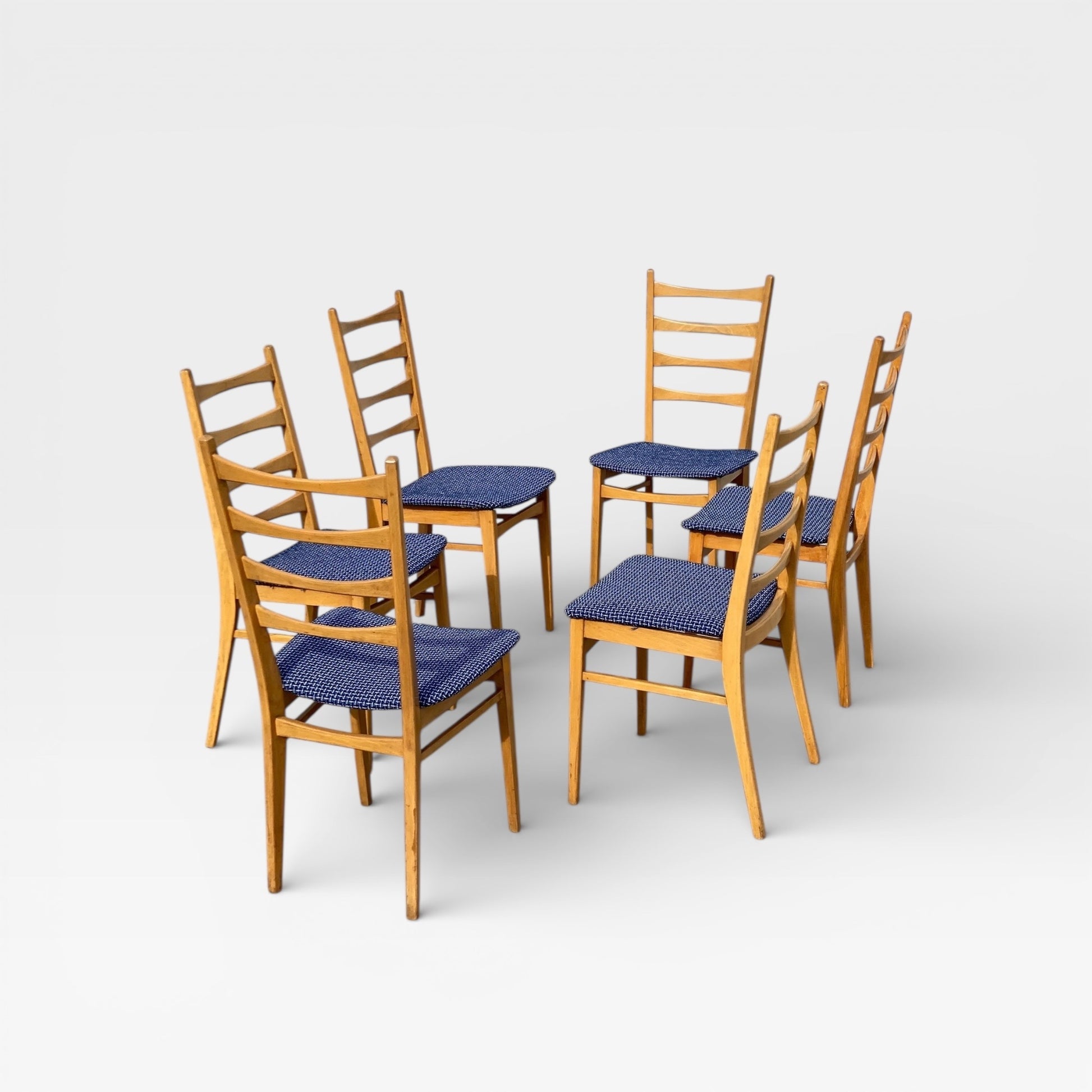 Set of Six Mid-Century Modern Ladderback Dining Chairs with New Upholstery — view 21 of 25