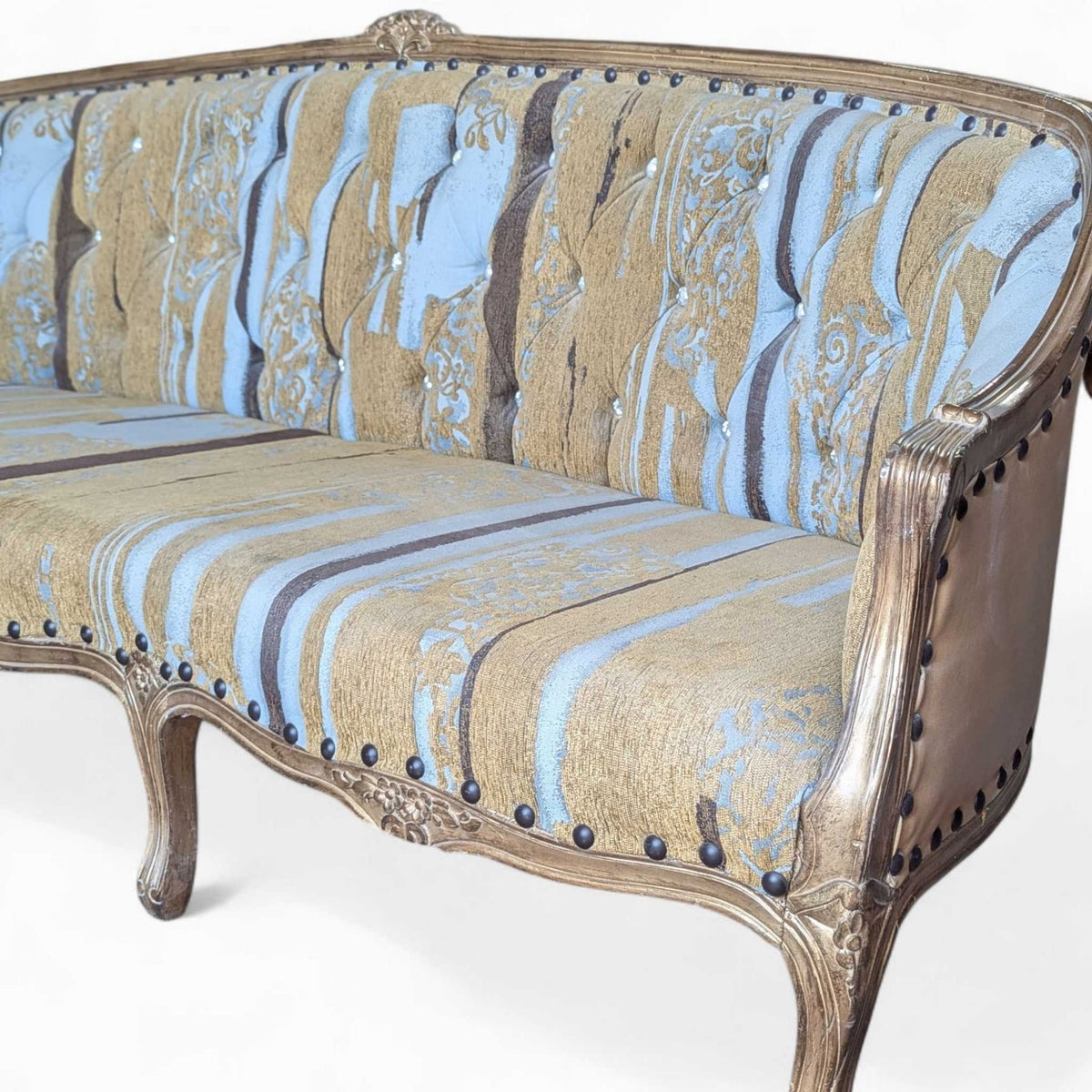 Early 20th Century French-Style Carved Wood Sofa with Striped Upholstery — view 15 of 16