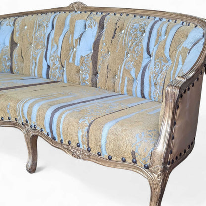 Early 20th Century French-Style Carved Wood Sofa with Striped Upholstery