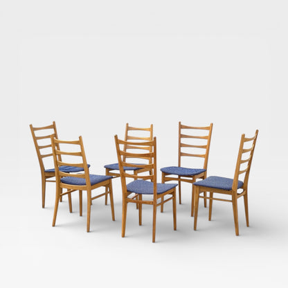 Set of Six Mid-Century Modern Ladderback Dining Chairs with New Upholstery