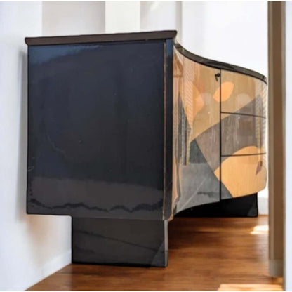 Italian Postmodern Sideboard by Carlo Malnati • Sculptural Curved Cabinet with Inlaid Wood Marquetry Fronts