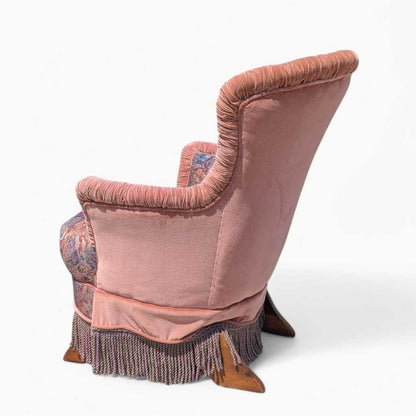 Antique Tufted Rocking Chair – Custom Upholstered Victorian Accent Chair with Fringe Trim & Floral Velvet Fabric
