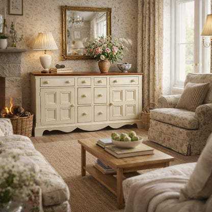 Painted Sideboard or Buffet Cabinet with Paneled Doors and Solid Wood Top