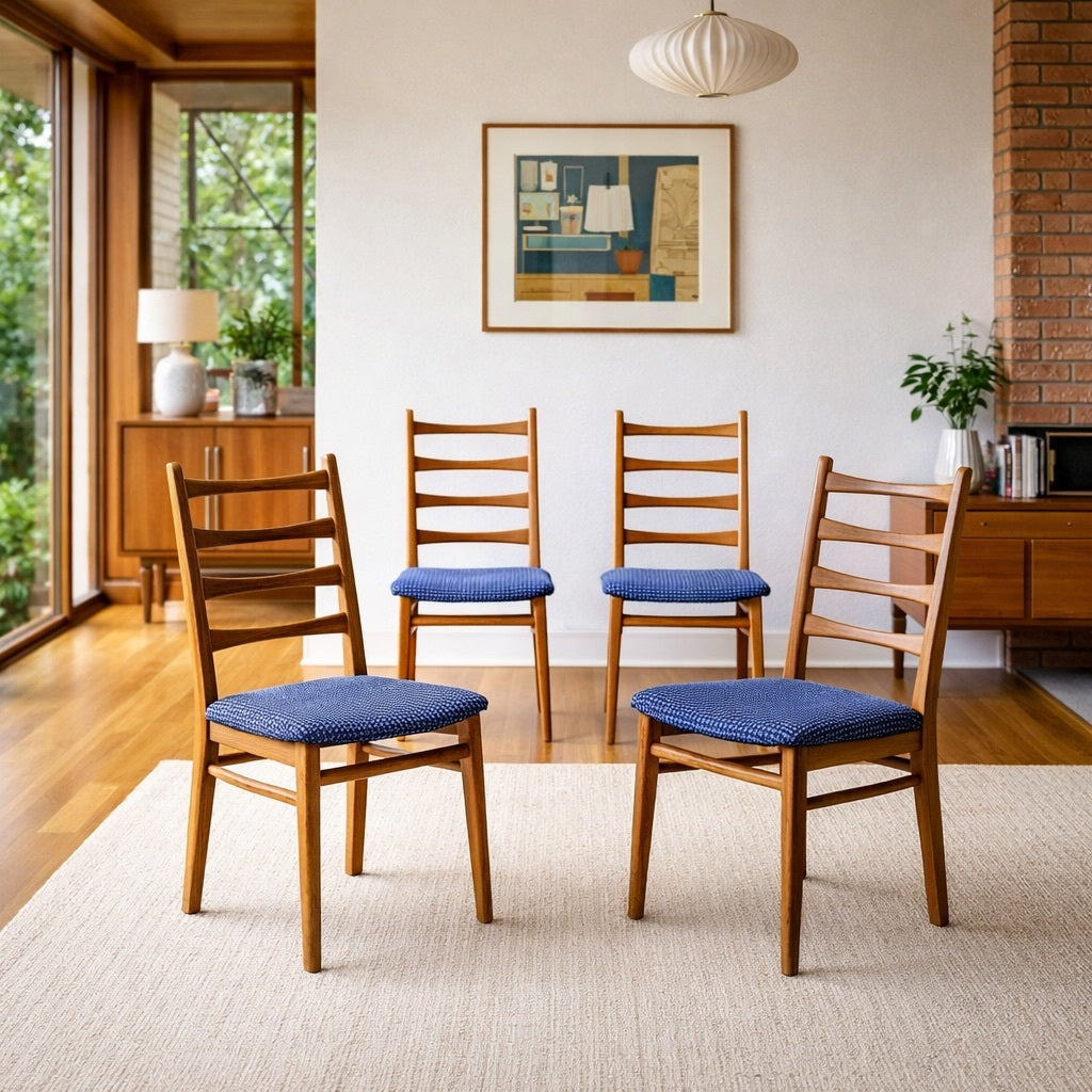 Set of Six Mid-Century Modern Ladderback Dining Chairs with New Upholstery — view 24 of 25