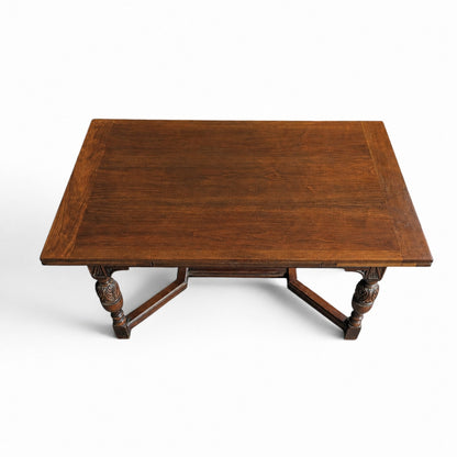 Vintage Walnut Jacobean Revival Refectory Dining Table with Carved Base