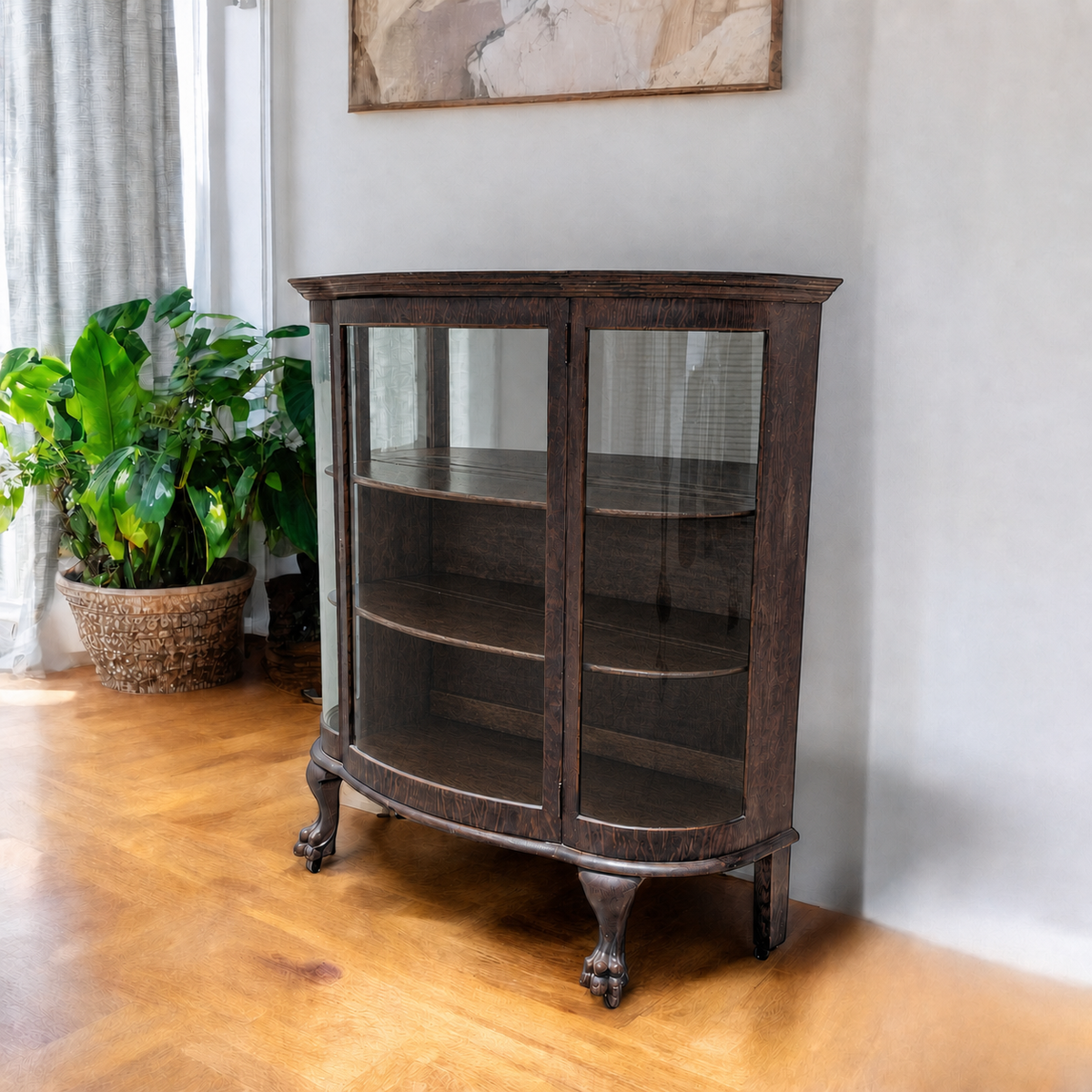 Vintage Curved Glass China Cabinet – Bow Front Display Hutch w/ Claw Feet, 49" Wide, Early 20th Century Style — view 25 of 25