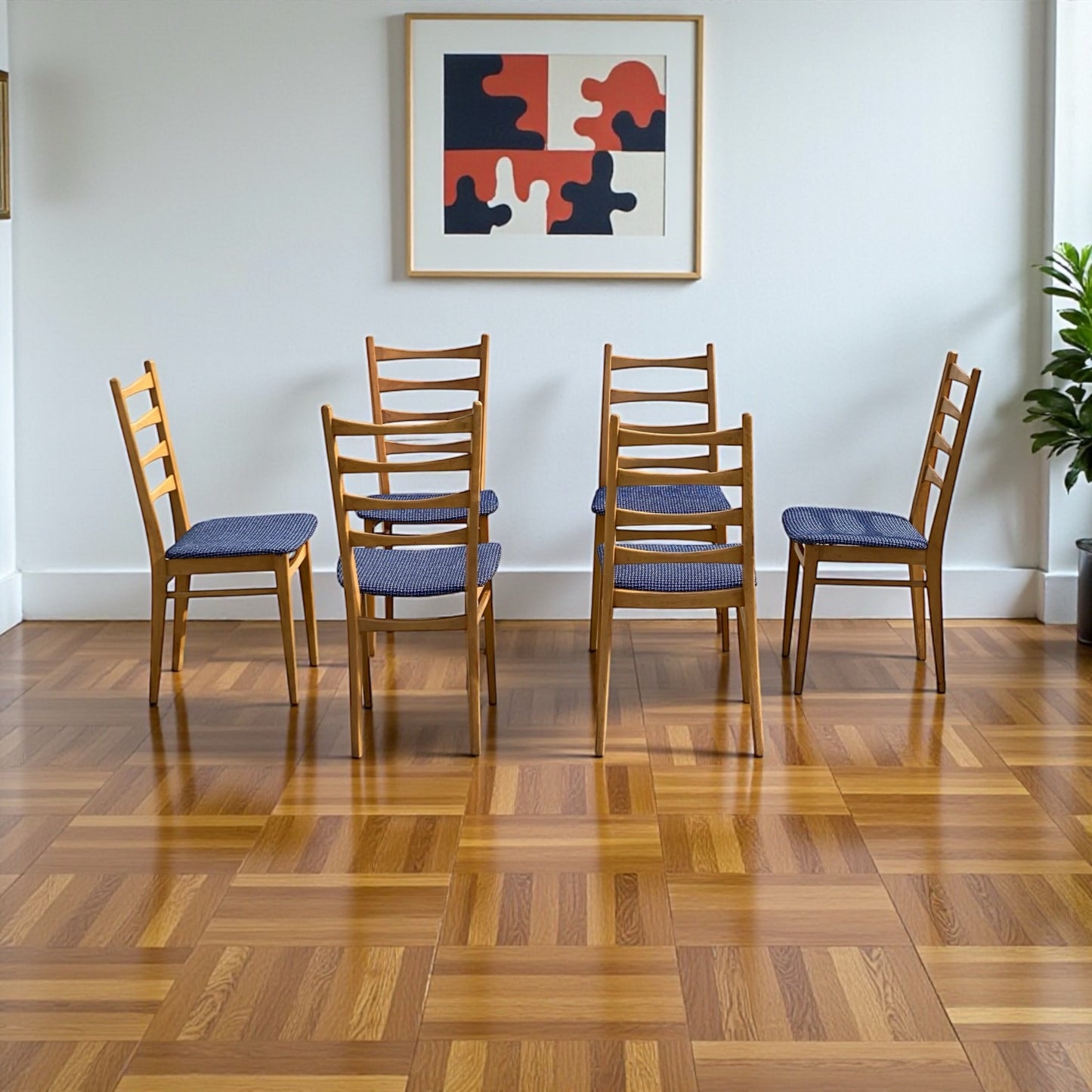 Set of Six Mid-Century Modern Ladderback Dining Chairs with New Upholstery
