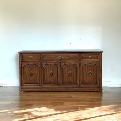Henredon 1970s Credenza – Traditional Walnut Sideboard with Brass Pulls & Adjustable Shelving, 66” Vintage Cabinet