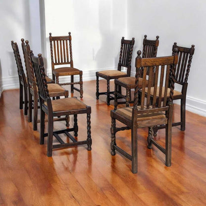 Eight Antique Dining Chairs – Vintage Wooden Chairs, Set of 8, Oak, Barley Twist, Rustic, Farmhouse, Traditional, Dining, Kitchen
