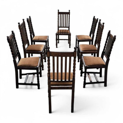 Eight Antique Dining Chairs – Vintage Wooden Chairs, Set of 8, Oak, Barley Twist, Rustic, Farmhouse, Traditional, Dining, Kitchen