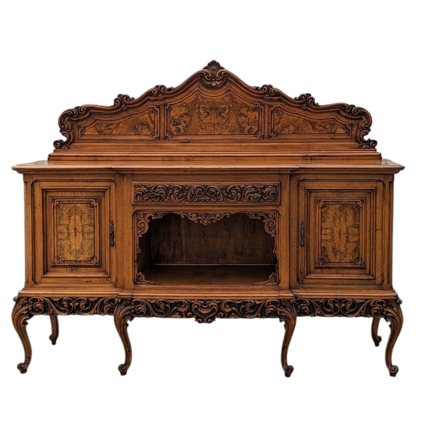 Continental Walnut Carved Sideboard Cabinet with Sculptural Apron