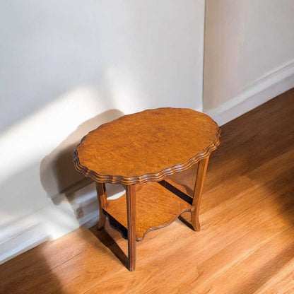 Vintage Oval Wood Side Table with Scalloped Edge and Lower Shelf