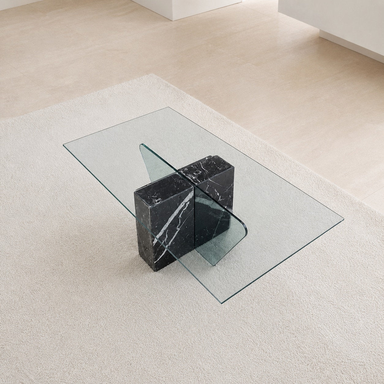 Unique Coffee Table, Marble Base, Geometric, Unique, Rectangular Glass Top, Postmodern, Mid Century