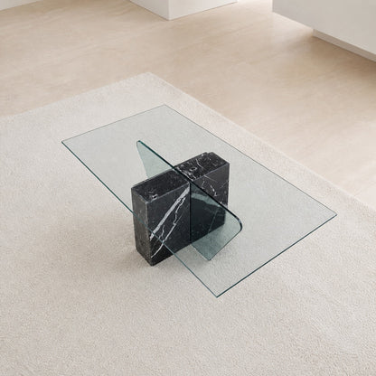 Unique Coffee Table, Marble Base, Geometric, Unique, Rectangular Glass Top, Postmodern, Mid Century