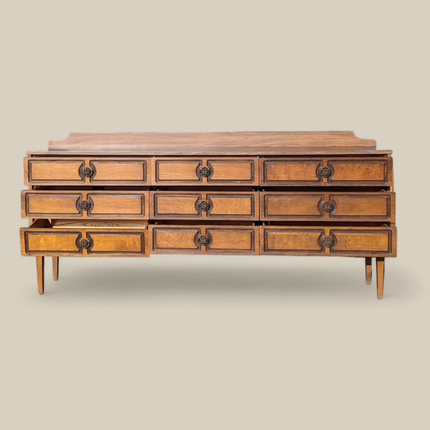 Vintage Sideboard, Mid Century, Unique Dresser, Cabinet, Credenza, 9 Drawers, Storage, Asian Inspired, Walnut, Laminate Top