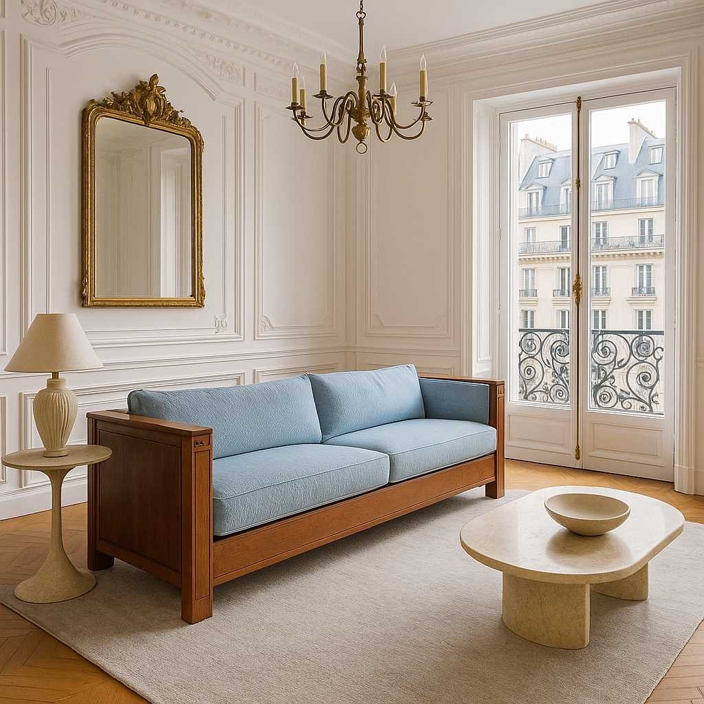 Stickley 21st Century Cherry Sofa, Pale Blue Textured Velvet Upholstery