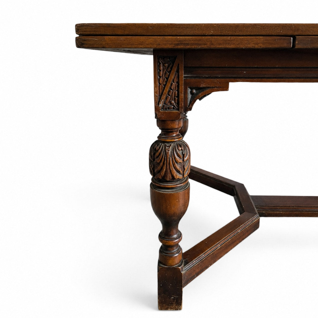 Vintage Walnut Jacobean Revival Refectory Dining Table with Carved Base