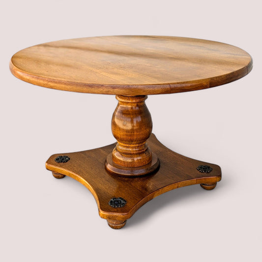 Vintage Round Solid Maple Pedestal End Table with Decorative Rosettes