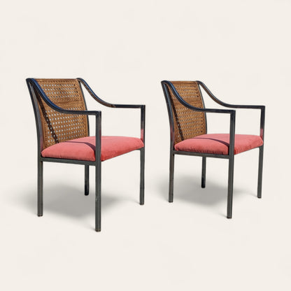 Pair of Mid-Century Chrome and Cane-Back Armchairs in Pink Velvet