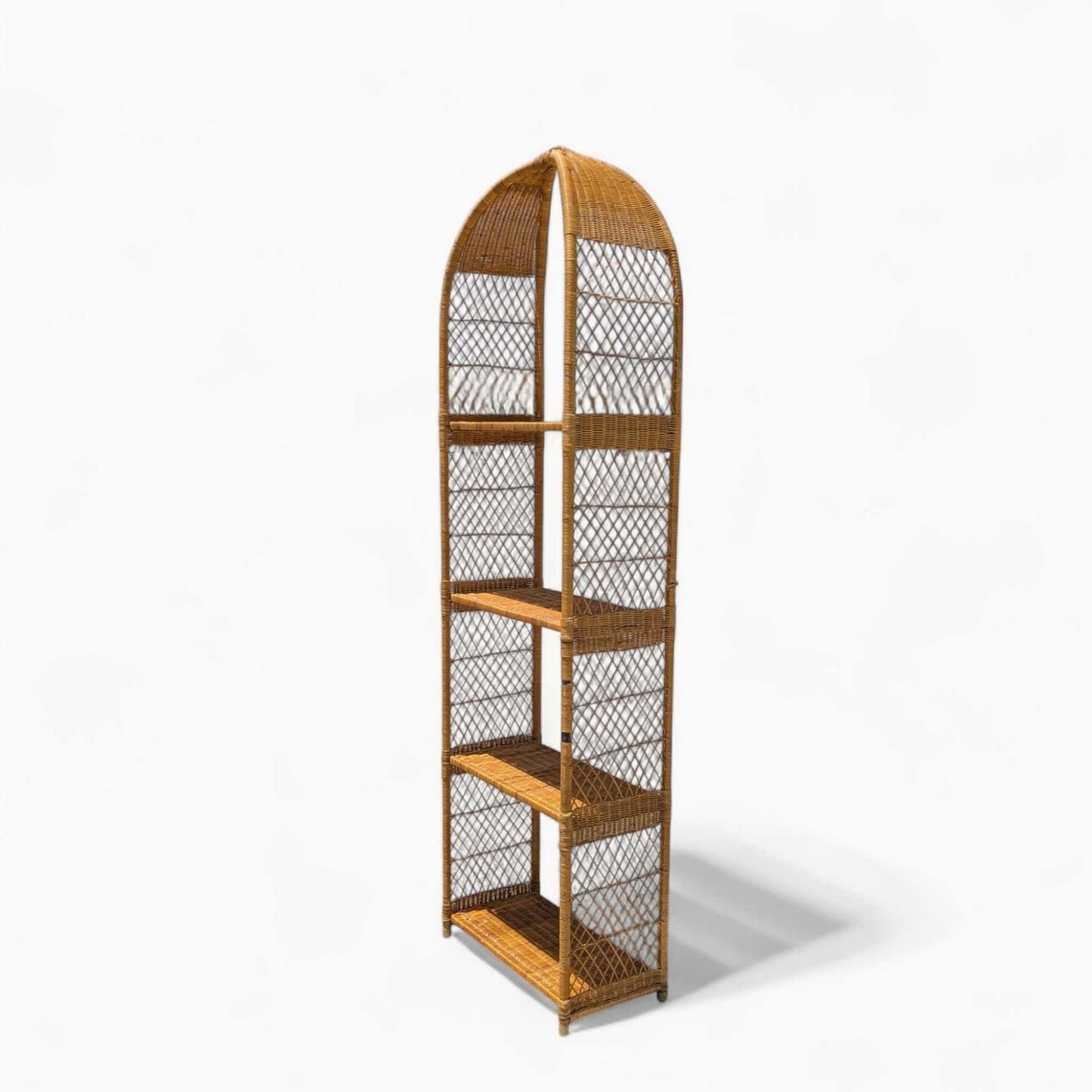 Vintage Arched Rattan Shelf – Tall Boho Etagere