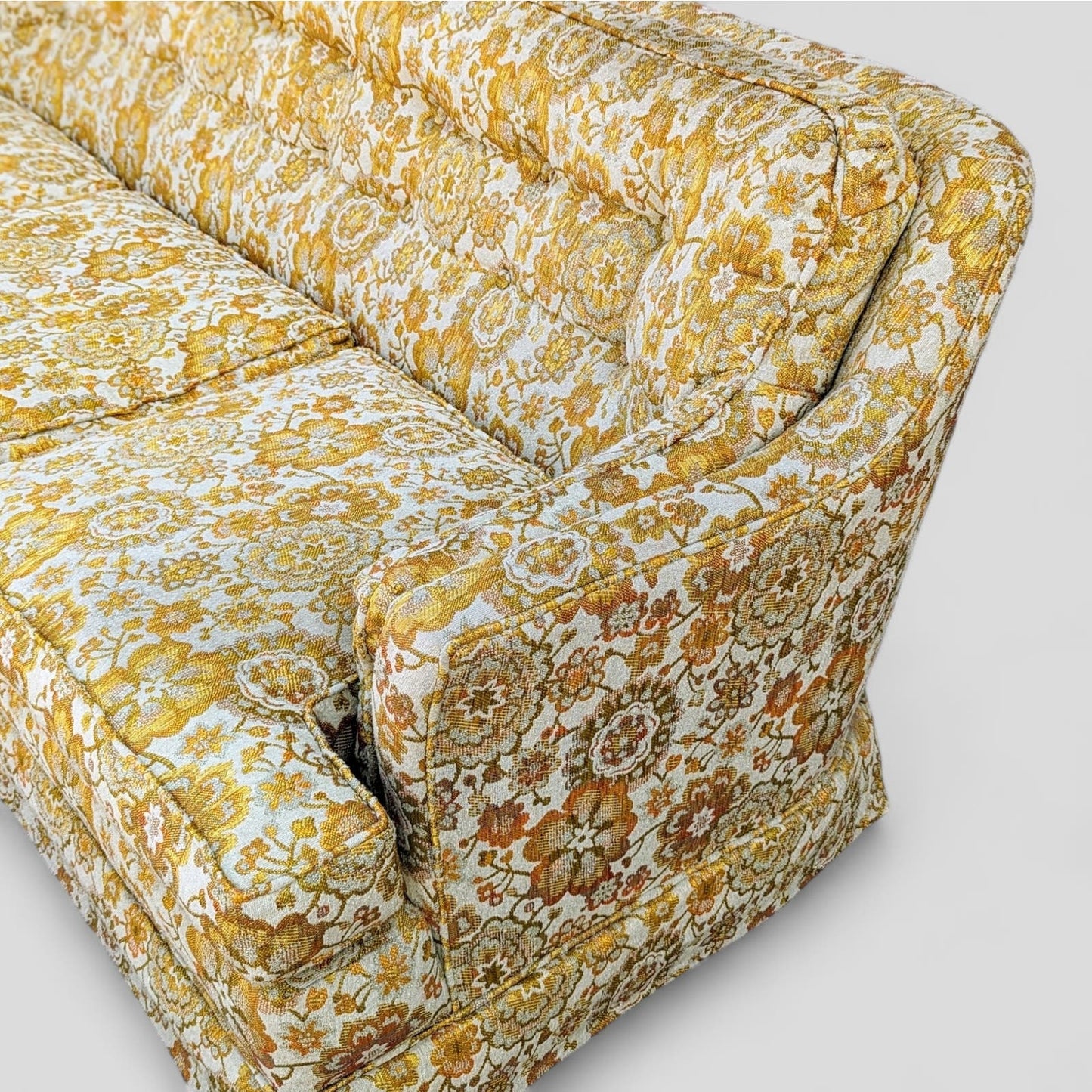 Vintage Hollywood Regency Floral Brocade Tufted Sofa, Yellow, Maximalist, MCM, Retro, Fun, Living Room